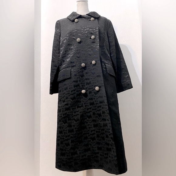 Vtg 60s Hess Apparel Glam Black Long retro trench with rhinestone buttons M - Picture 6 of 15